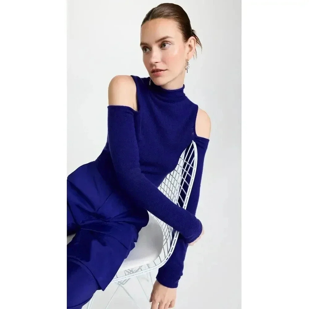 LAPOINTE Airy Cashmere Silk Fitted Cut Out Top In IndigoLarge Cold Should… - Picture 4 of 16